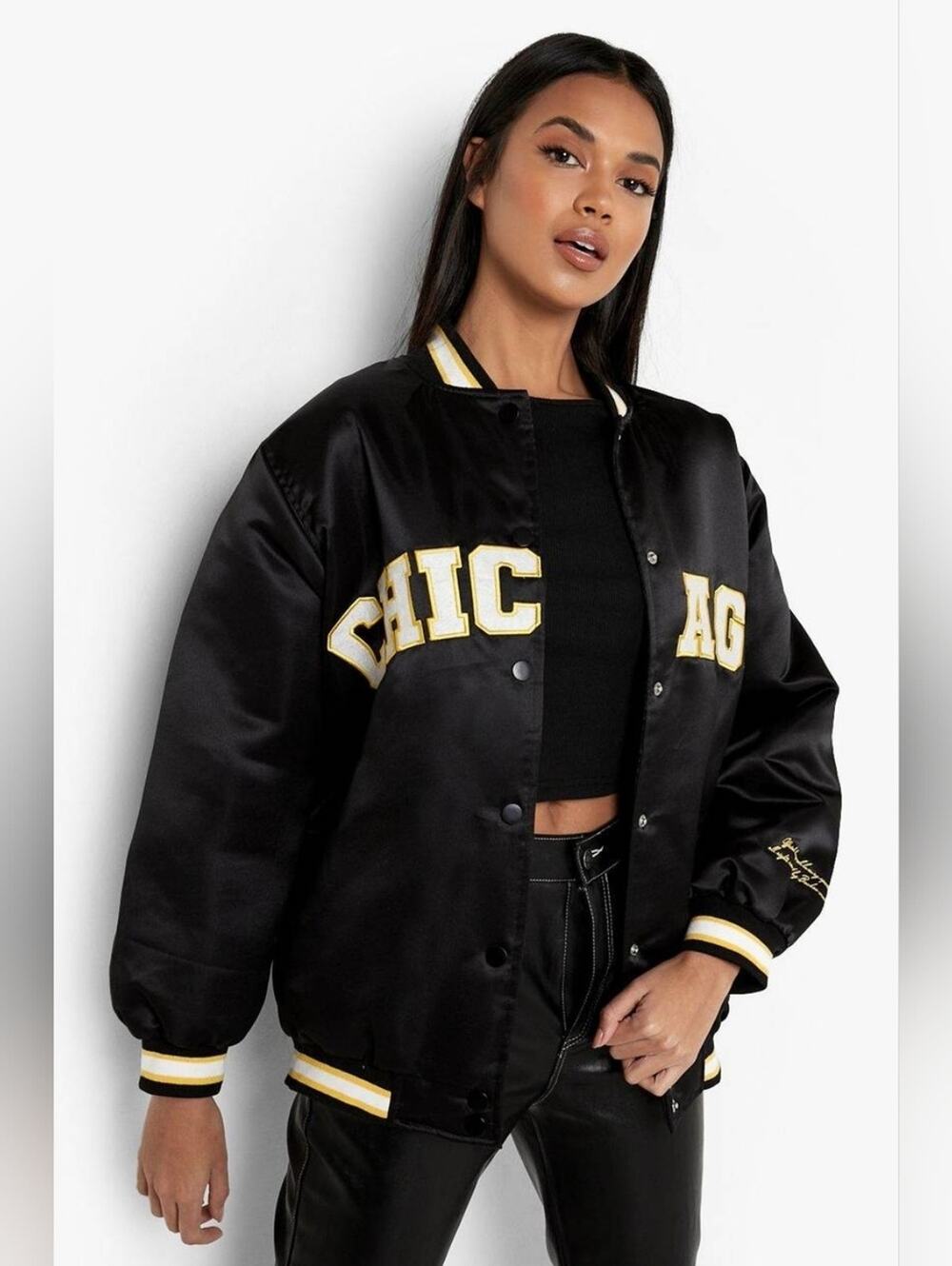 Black Satin Varsity Jacket, featuring Yellow Trim and Chicago Embroidery SM